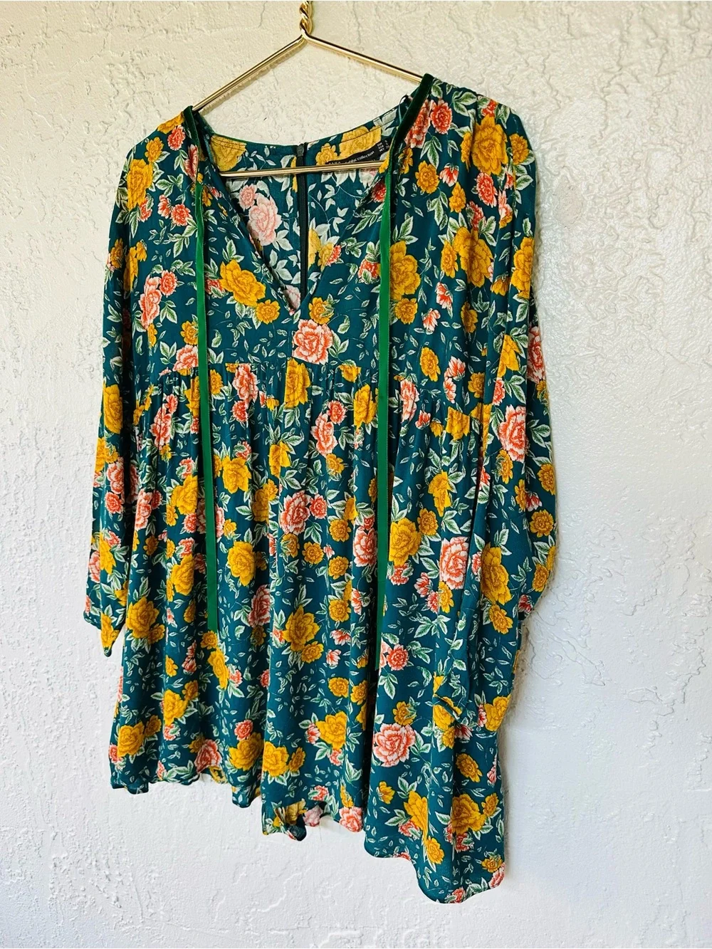 Zara Trafaluc Collection Floral Babydoll Tie Neck Boho Long Sleeve Romper Dress